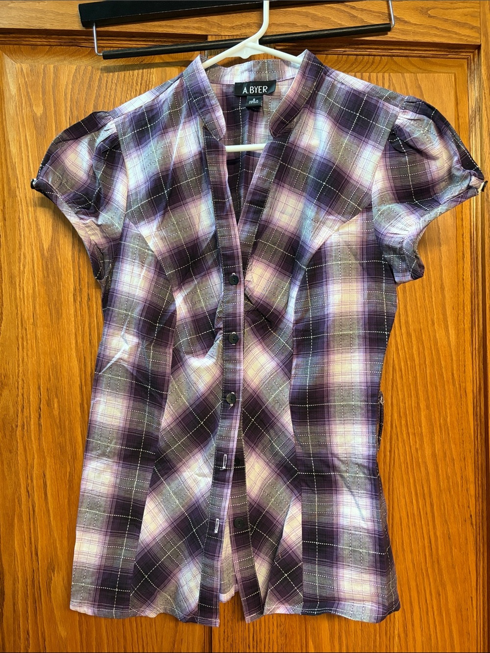A. Byer Purple Plaid Short-Sleeve Button-Front Top